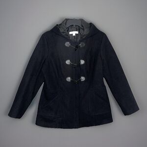 New York & Company Women XL Duffle Coat Black Wool Blend Hooded Toggle Warm